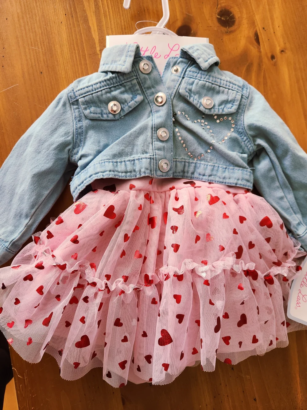 NWT Little Lass 3-6 Month Denim Jacket with Pink Heart Tulle Dress - Picture 2 of 6